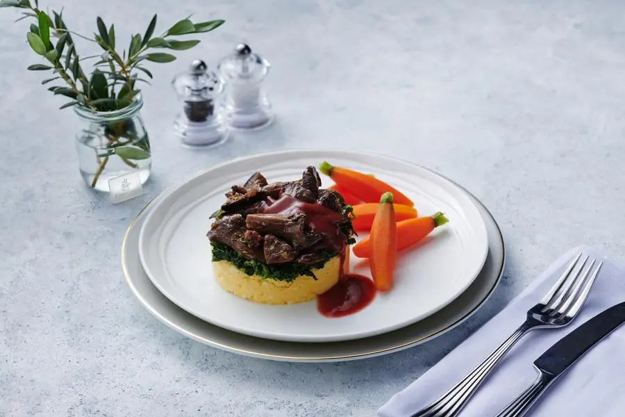 Vegan polenta cake served in first clas on Emirates Airlines - new plant-based foods for 2024